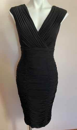 TADASHI Black V-neck Mesh Deep V Sleeveless Drape Ruched Body Con Dress M