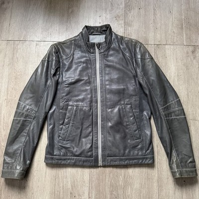 HUGO BOSS Sheepskin Veg Dyed Leather Motorcycle Jacket Grey Sz 38R Vintage Coat
