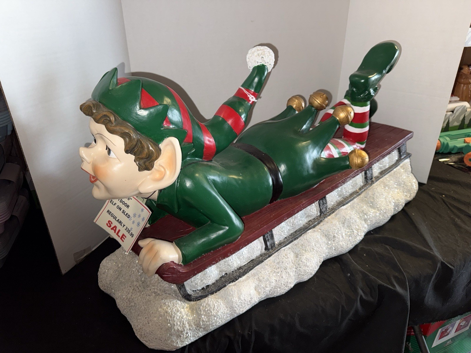 Vintage 48-Inch Commercial Christmas Elf Sledding Sleigh Ride Resin Fiberglass Decor