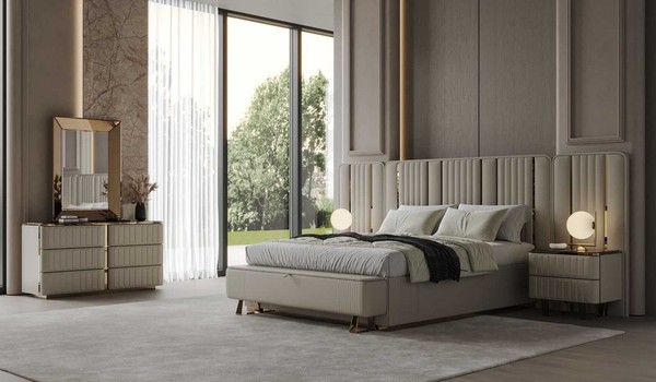 Beige Schlafzimmer Garnitur Doppelbett 2X Nachttische Schminktisch-image