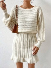 SHEIN Chiquease Lantern Sleeve Ruffle Hem Dress/Apricot/S/Fall/Winter/ Textured 