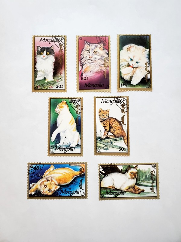 Mongolia 7 stamps, Hinged, Cancelled, Cats On Stamps!