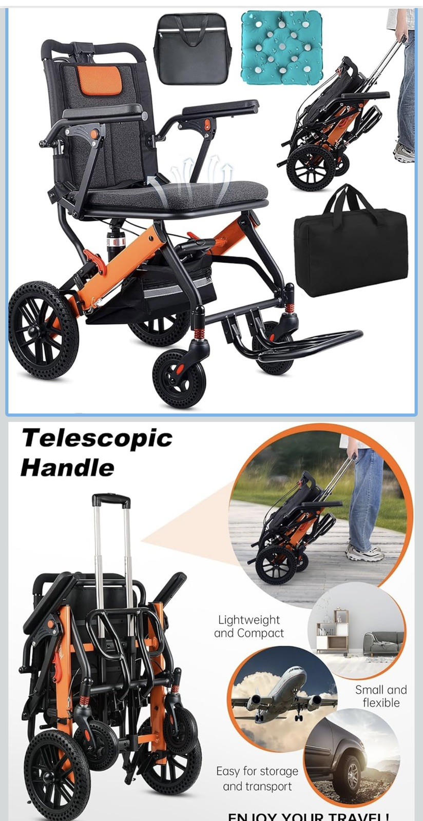 Upgraded Transport Wheelchair, Telescopic Handle, Inflatable Seat, light weight 