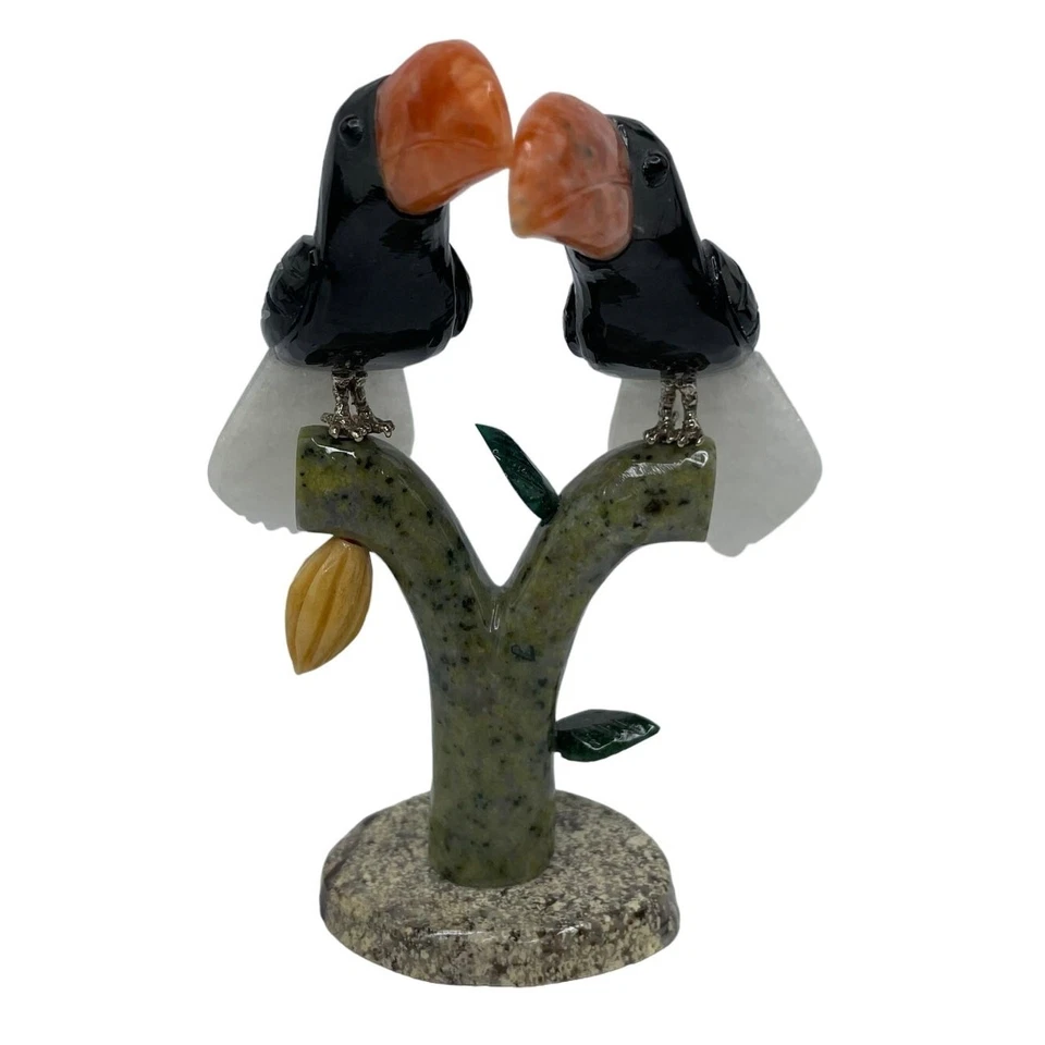 Tucán par de pájaros de pie sobre árbol piedras preciosas mixtas escultura coleccionable Foto 2 de 4