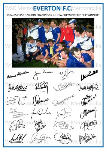 12765. Everton 1984-85 Season Signed Team Photo Sheet PRINTED AUTOS A4 Champions