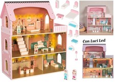 Casa delle Bambole in Legno XXL con luci Led 3 piani con mobili e accessori