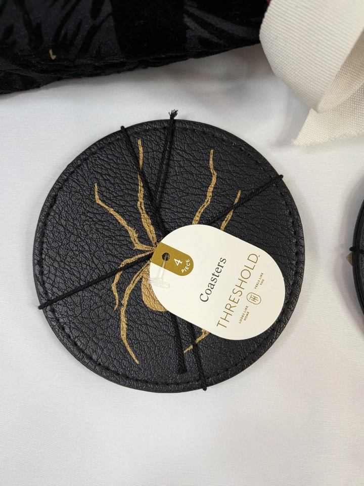 Threshold Halloween Table Runner & Coasters Set, Roses Spiders, Black Gold Red - Image 2 of 4