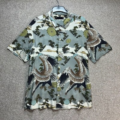 AllSaints Eagle Hemd Herren Large grün Vogelmuster Viskose Hawaii Camp Kragen