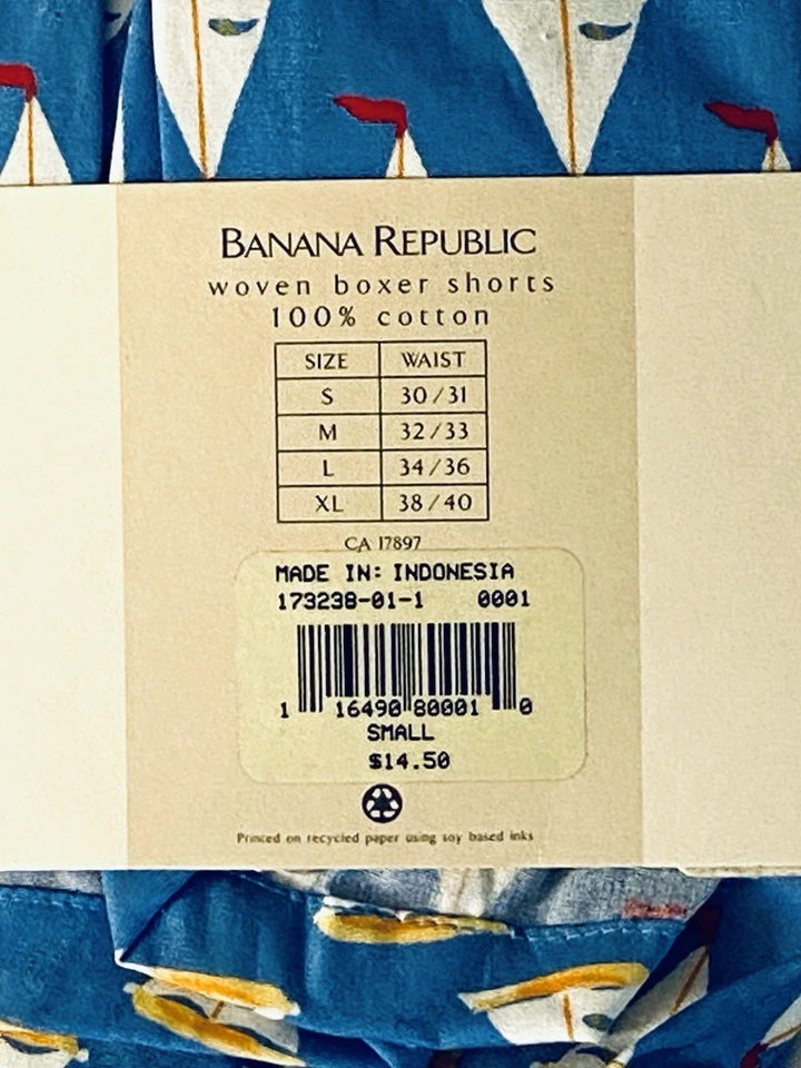 Vintage 1990 Banana Republic Boxers Veleros Azules Tamaño Pequeño Paquete Original y Etiqueta Foto 2 de 3