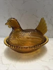 Vtg Indiana Glass 7” Hen on Nest Carnival Glass Amber - MINT Condition