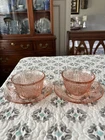 Federal Glass Pink Depression Sharon Cabbage Rose Cup/Saucer Set Of 2