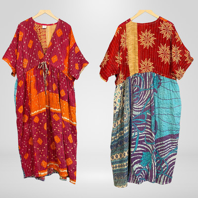 Womens Kantha Boho Goddess Midi Dress Plus Size 1X 2X 3X 4X Hippie Gypsy Pockets