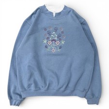 Vintage Embroidered Grannycore Flowers Double Mockneck Collar Sweatshirt Blue M