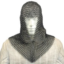 Black Steel Woven Chain Mail V Coif Armor -- 16g Battle-Ready Chainmail Hood