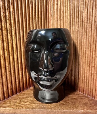 Retired Rogers Gardens Glossy Black Retro Porcelain Head Planter Pot 6.75'' Tall