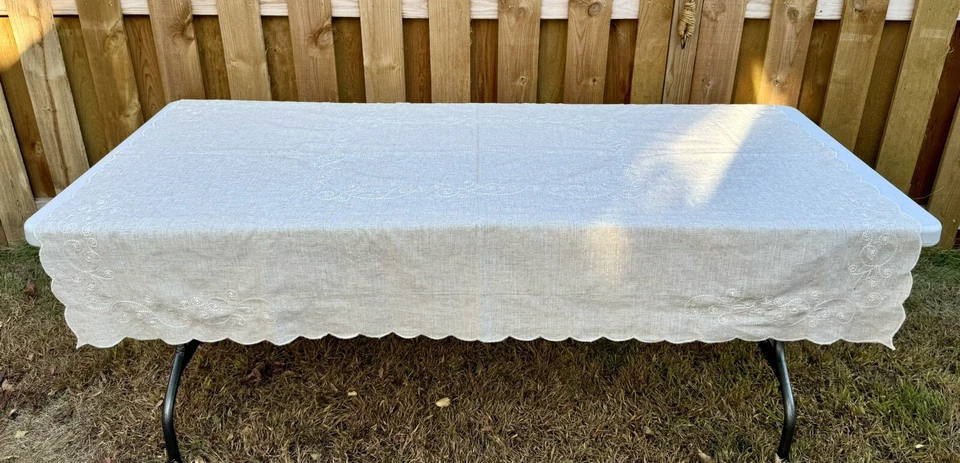 Embroidered Tablecloth Linen 68x52 Minimalist Scallop Lenox Easter Neutral Boho - Image 2 of 4