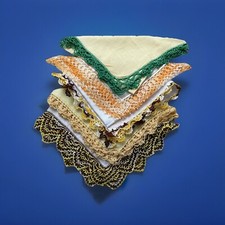 Set 5 Vintage Irish Linen Crochet Lace Green Yellow Brown Lady Handkerchief