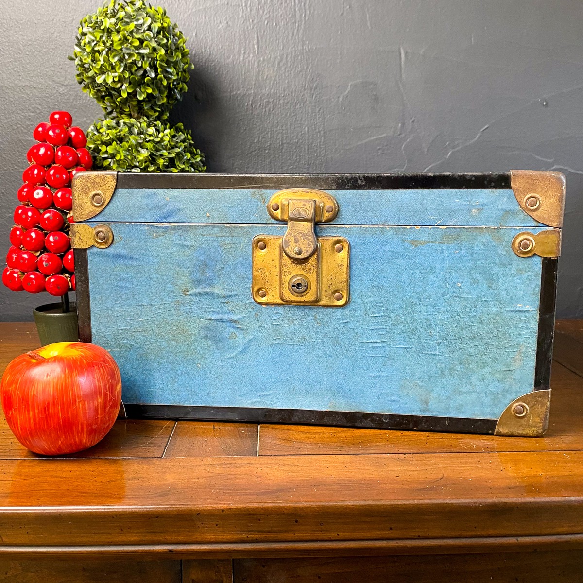 Vintage Antique Child's BLUE Wood Doll Chest Trunk Box Brass