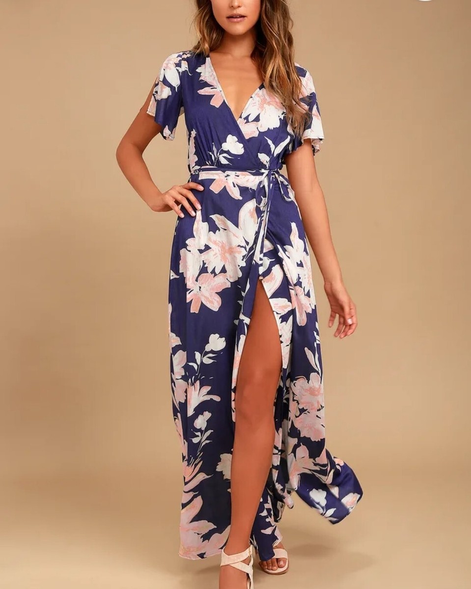 Lulu's Azalea Regalia Wrap Maxi Dress in Navy Blue Floral Print, Size Medium