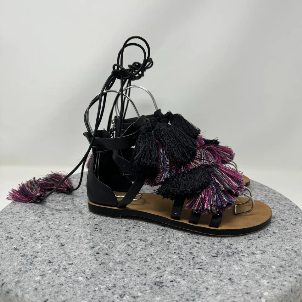 Rebecca Minkoff Sandals Womens 6 Elisha Black Leather Pink Tassels Lace Up Shoes - Image 3 of 4