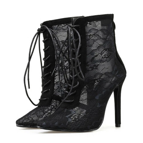 Ladies Lace Sexy High Heels Ankle Boots Pointed Toe Stilettos Nightclub Shoes - Picture 1 of 12