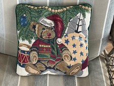 VTG Christmas Tapestry Teddy Bear Throw Pillow 11 X 11 Square Green Adorable