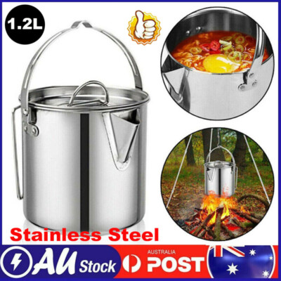 1.2L Stainless Steel Outdoor Picnic Camping Cooking Kettle Hanging Pot & Lid