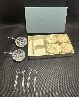VTG Set of 6 Clear Cut Crystal Glass Salt Cellars 6 Plastic Spoons w Box- Japan