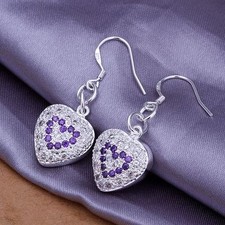 Women Fashion 925 Silver Plated Rhinestone Purple Heart Earrings 41-7