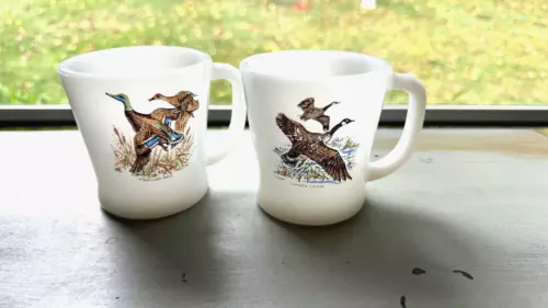 Vintage 2 Fire-King Ware Milk Glass Coffee Cup/Mugs Mallard Duck & Canada Goose