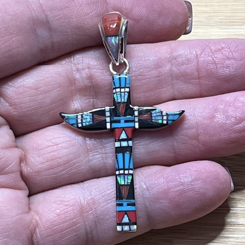 Totem Pole Cross Micro Inlay Sterling Silver ART Pendant - Picture 2 of 6