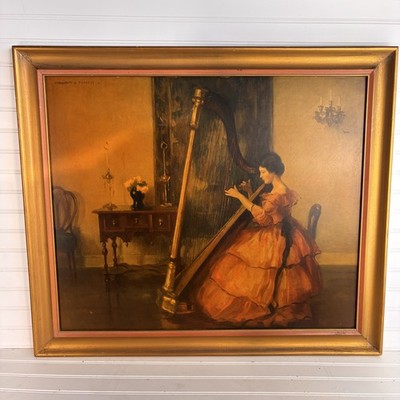 Marguerite S. Pearson Original Oil Painting Woman Playing Harp Framed Signed Art