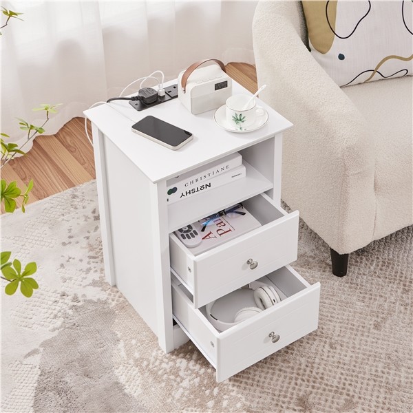 2-Drawer Bedside Table Sofa Side End Table w/ 2 Charging Outlets and 2 USB Ports