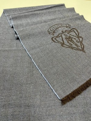 Gucci Emblem Crest Herringbone Scarf Blue Brown Fringe Made in Italy