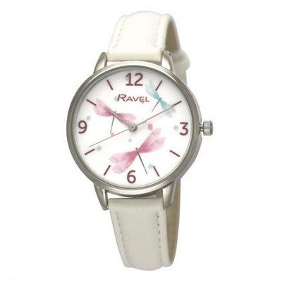 Uhr Damen Lederband weiß rundes Gehäuse minimal Libelle Zifferblatt 34mm poliert