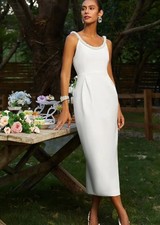 Fehaute Pearl Trim Drop Back Bridal Dress White Anke Length Sz 8 NWT
