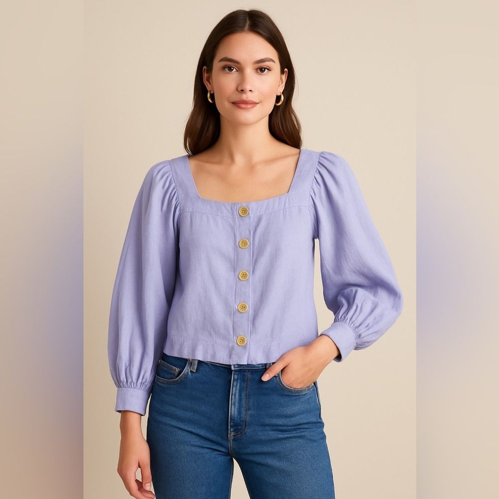JCrew Levander Squareneck Button-Front Linen Top … - image 1