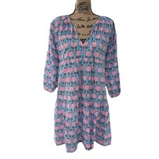 SZ Blockprints Priya Dress Liberty Pink Floral Cotton 3/4 Sleeve Size Large