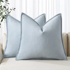 Set of 2 Linen Euro Sham Pillow Covers 22x22 Light Blue Boho Farmhouse Throw Pil