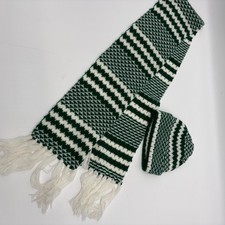 Matching Knitted Green and White Hat and Scarf One Size Fits Most