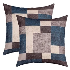 Geometric Square Cushion Covers Set of 2 Buffalo Check Blue Grey Brown Revers...
