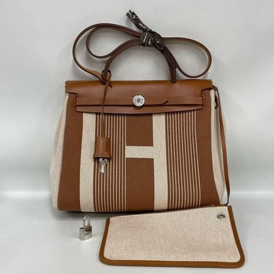 Hermes Herbag 31 Brown Silver Canvas Shoulder Crossbody Bag Y Stamp WW10219