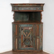 19th Century Original Swedish Blue Painted Corner Cabinet