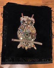 VTG Costume Jewelry Mosaic Owl Handmade Artwork on Black Velvet Retro