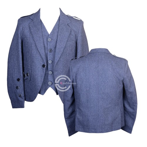 Men’s Argyle Jacket Blue Tweed Highland Scottish wedding kilt jacket with Vest
