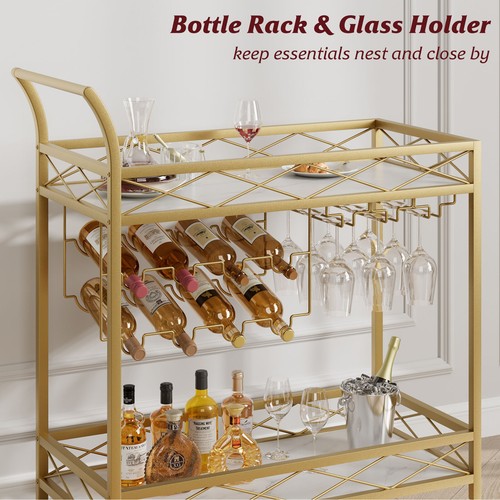 2 Tier Bar Cart Home Bar Drink Serving Cart with 4 Wheels for Kitchen - Picture 5 of 16