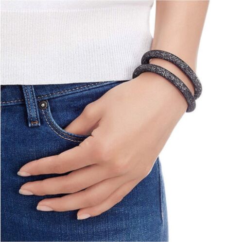 NEW Rare SWAROVSKI Stardust Black Crystal Gold Mesh Fishnet Tube Double Bracelet