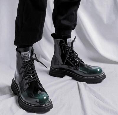 Shiny High Top Round Toe Ankle Boots Lace Up Shoes British Style Motorcycle Hot
