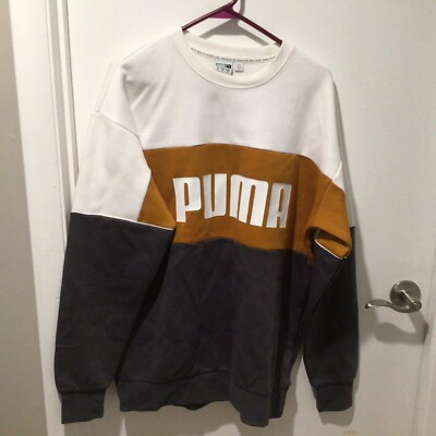 puma men size m sweatshirt Grey White Retro Crew