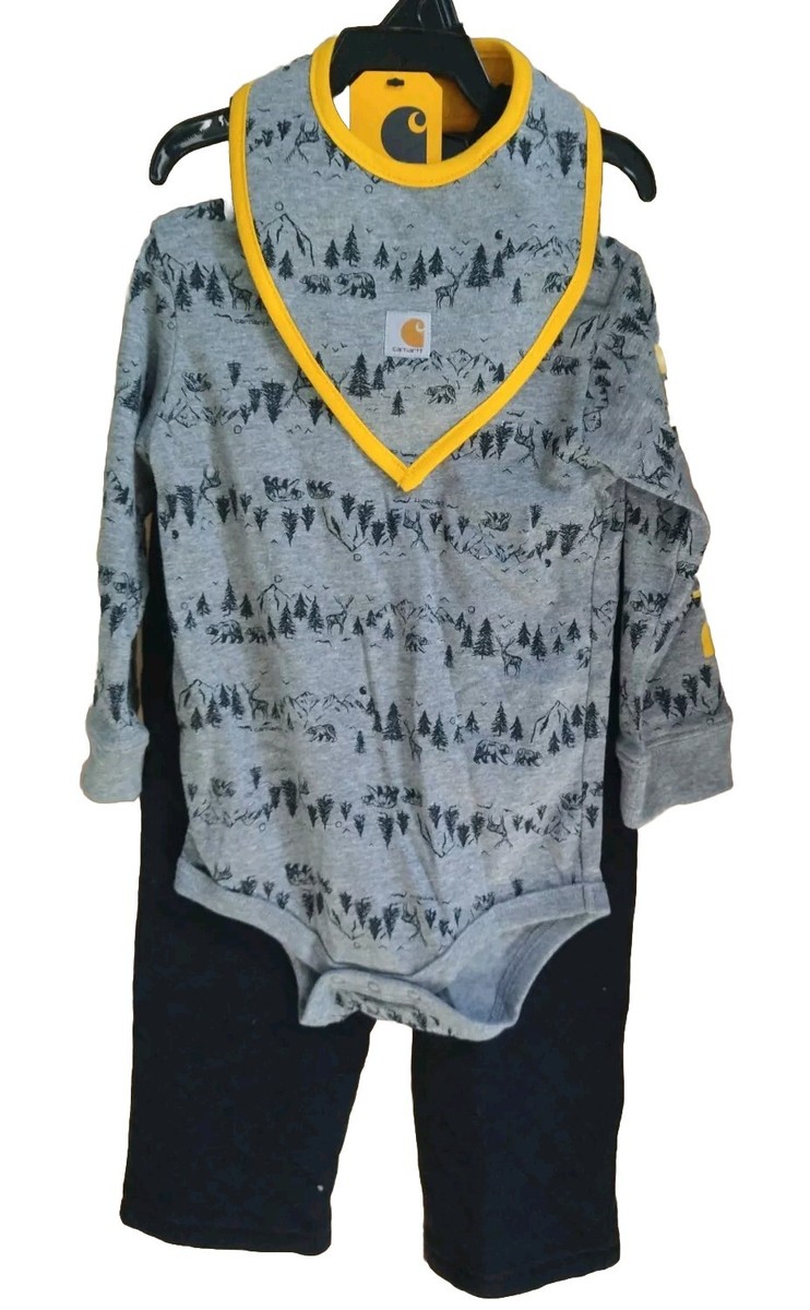 CARHARTT 18M Baby Toddler Black Bib Overalls Snap Crotch Gray Bear